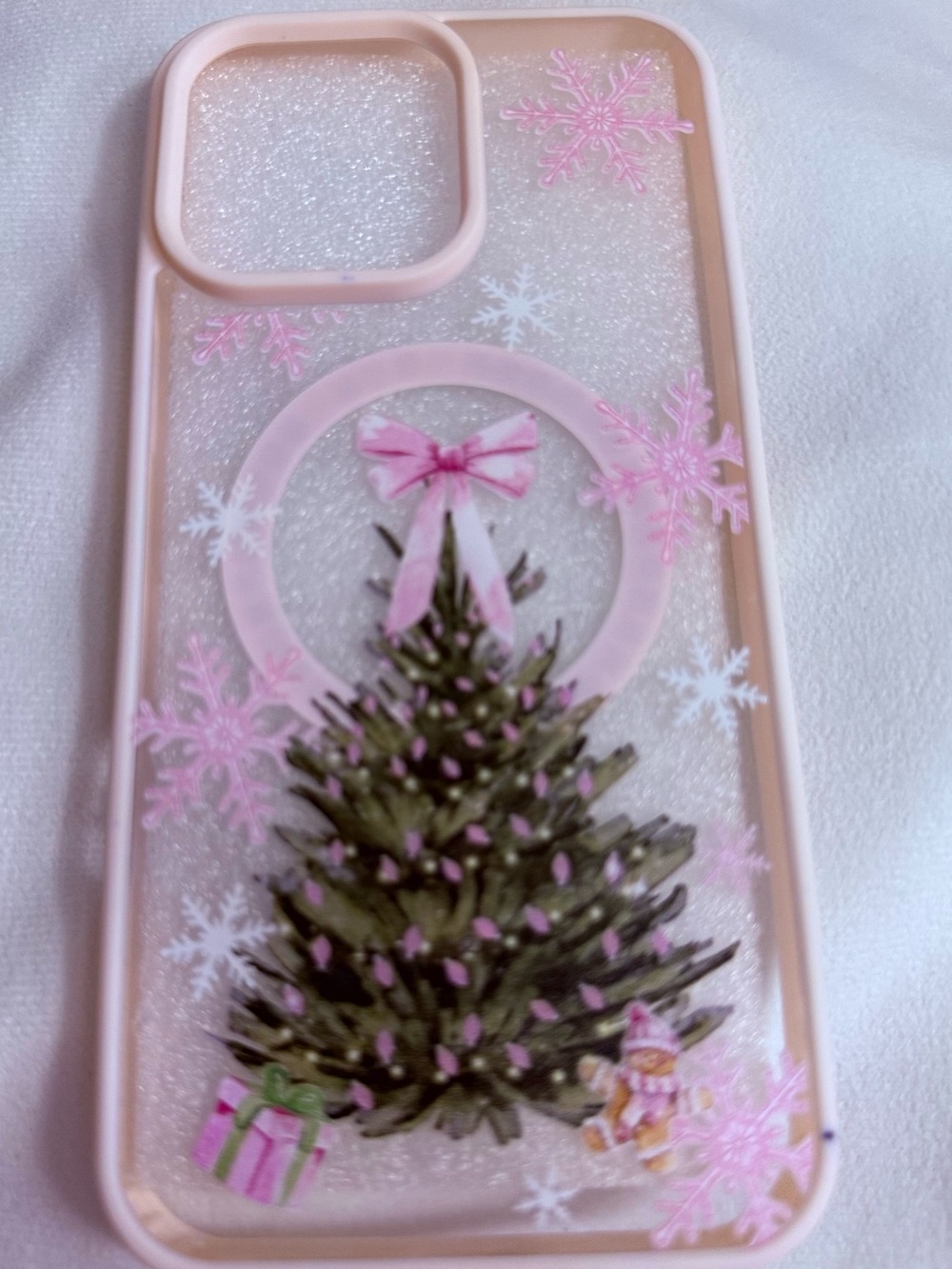 Pink Snowflake Christmas Tree Glitter iPhone Case for iPhone 16 Pro Max